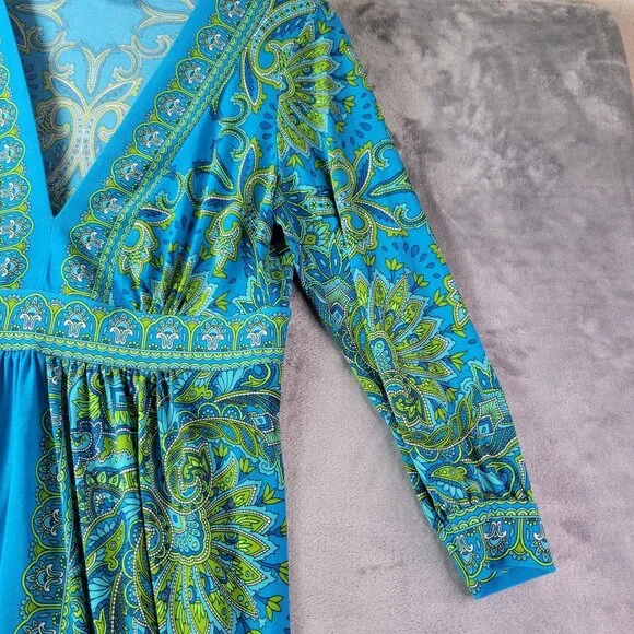 London Times Womens 10 Blue Green Paisley‎ Babydoll Y2K Boho Retro Midi Dress - Picture 4 of 10
